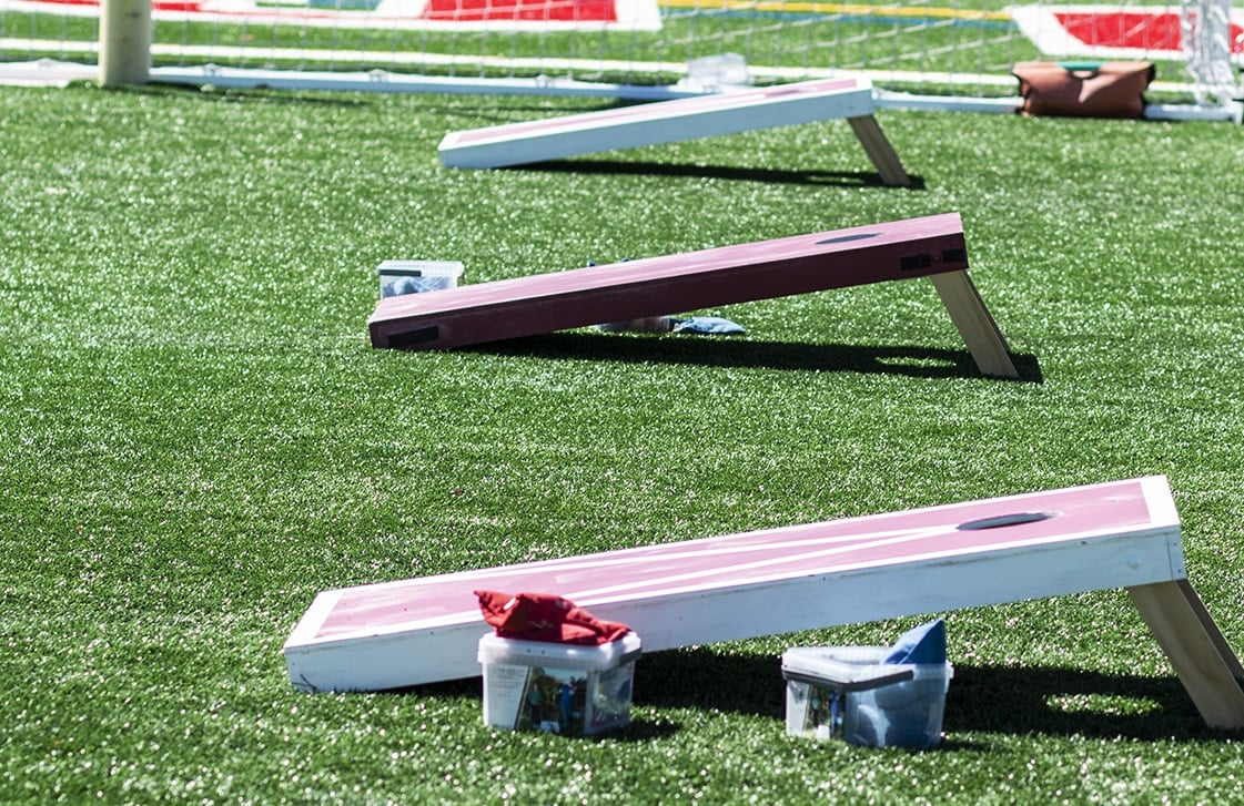 a group of pink boards on a green field