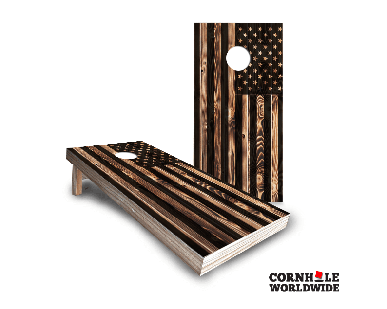 Grunge American Flag Cornhole Game Set displayed outdoors, perfect for gatherings and parties with a patriotic theme.