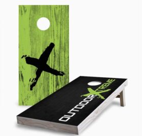 example of solid wood custom cornhole boards made by Cornhole Worldwide that displays Outdoor Xtreme logo